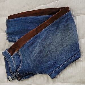 ECRU straight stretch jean with brown suede piping down legs